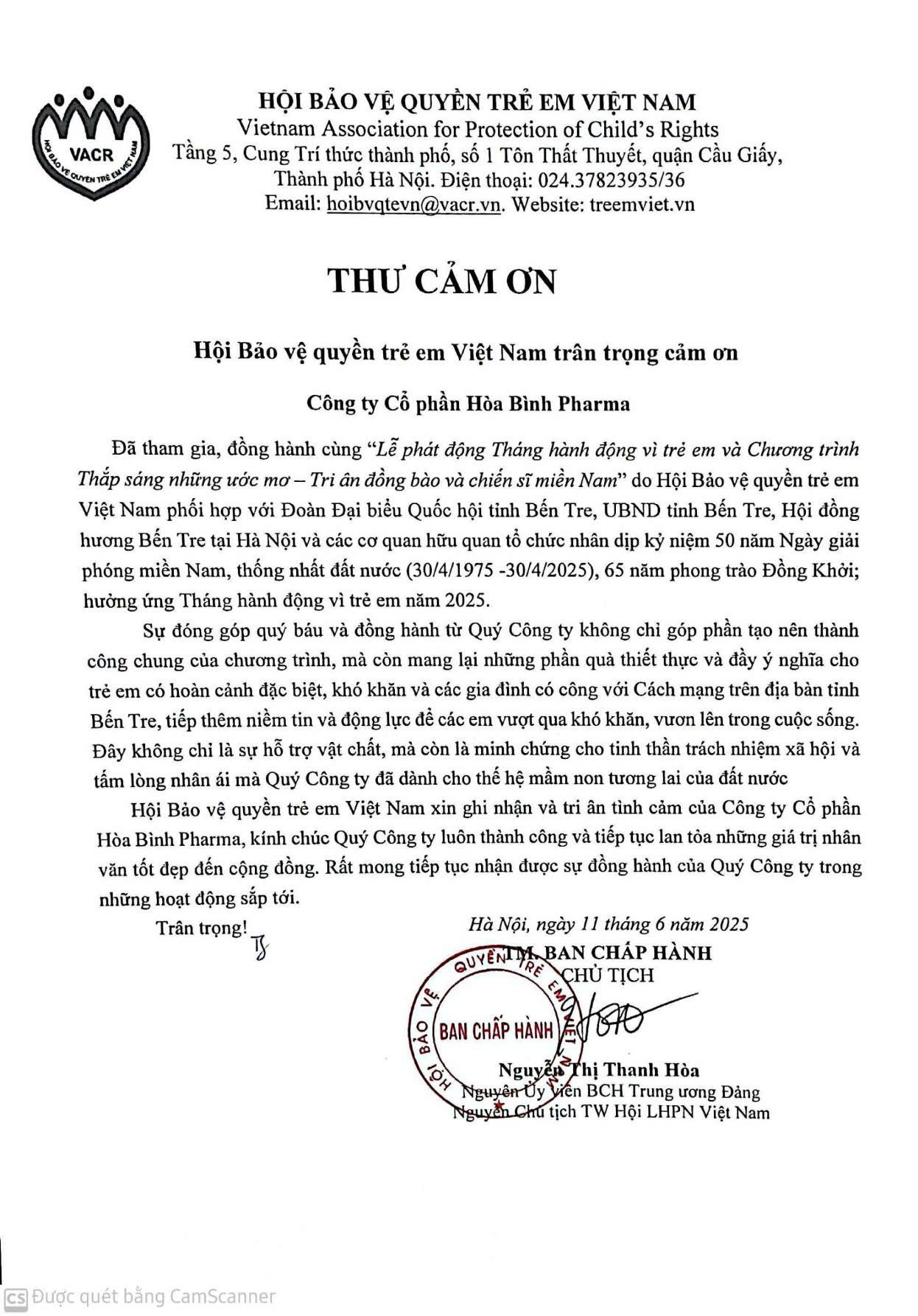 Đồng hành cùng chương trình, Hòa Bình Pharma đã vinh dự nhận được thư cảm ơn từ Hội Bảo vệ Quyền Trẻ em Việt Nam